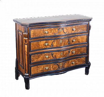 Louis XIV chest of drawers in wood and walnut root with ebonised details, 18th century