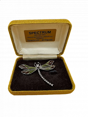 Spilla con libellula in argento con diamantini, rubino e ali in vetro, inizio '900