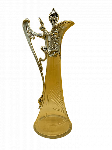 Brocca in metallo argentato con iris e vetro di WMF, metà '900