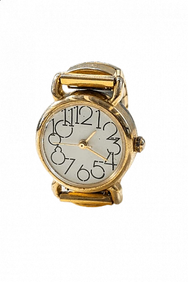 Anello con orologio in metallo dorato, anni '70