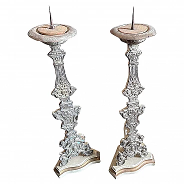 Pair of Sicilian Louis XVI wooden torches covered in metal, 18th century