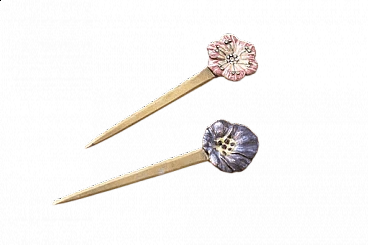 Pair of metal and plastic letter openers with flowers, 1970s