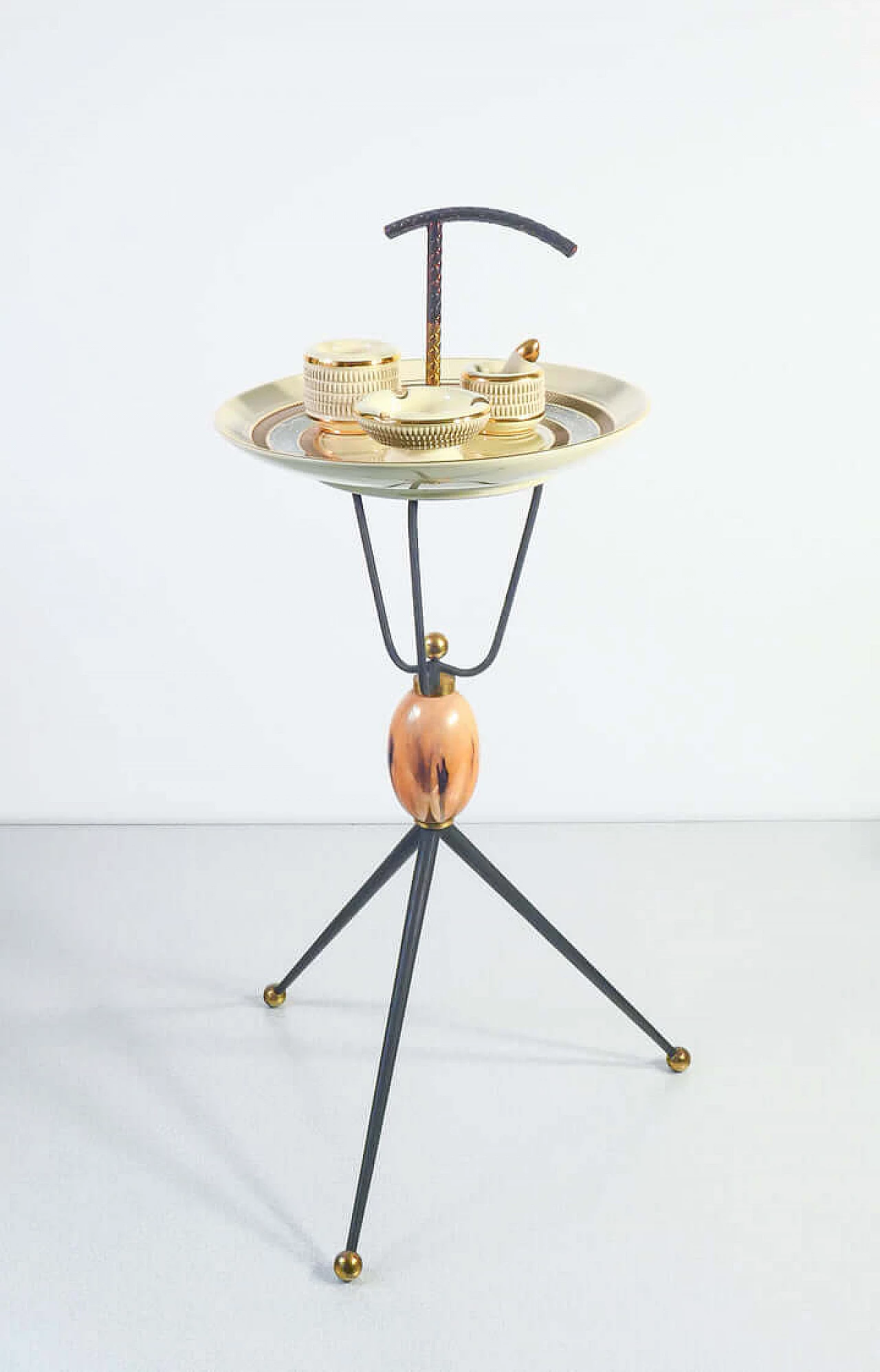 Ceramic and metal smoking accessories on tripod coffee table, 1960s 2