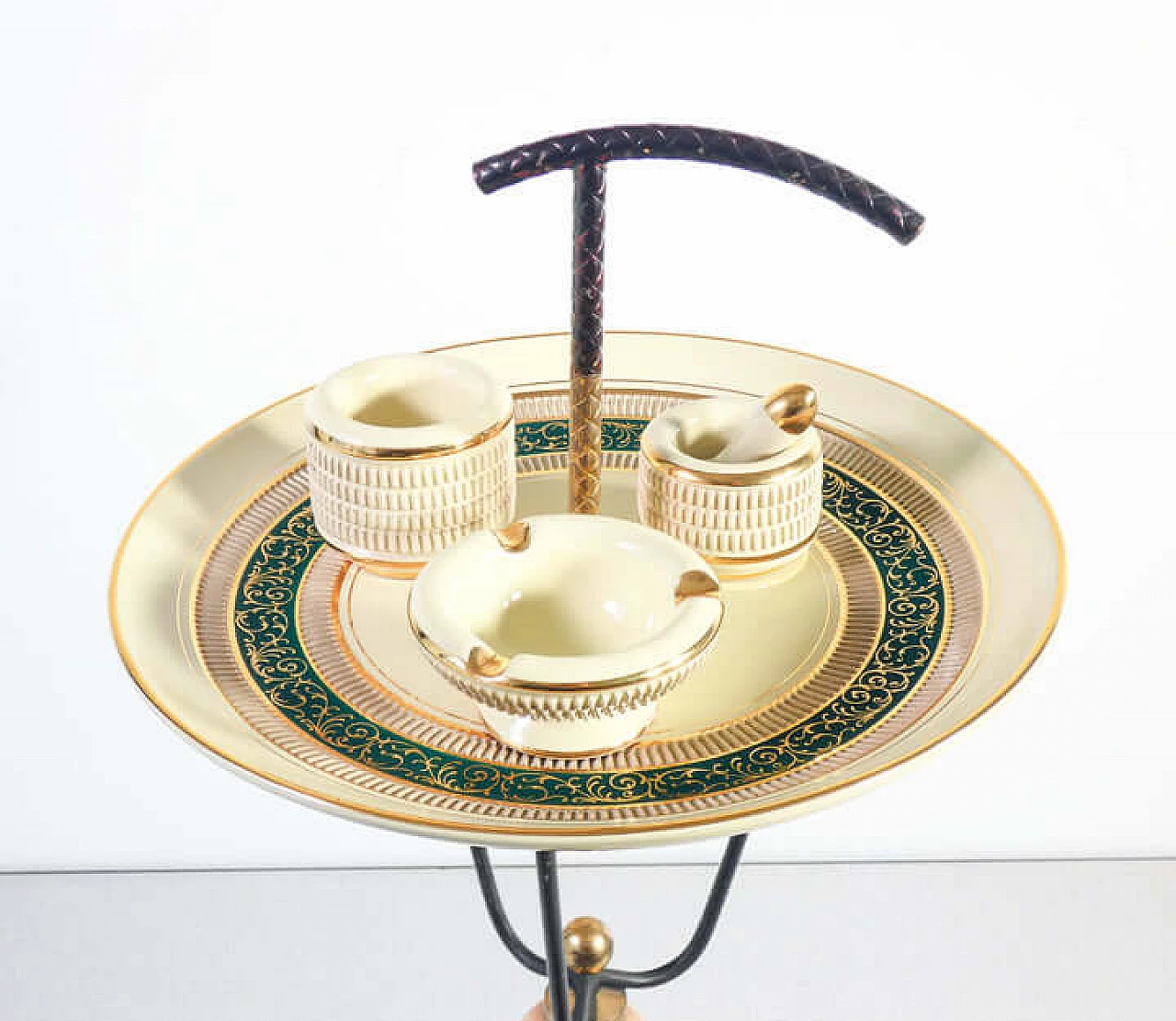 Ceramic and metal smoking accessories on tripod coffee table, 1960s 3