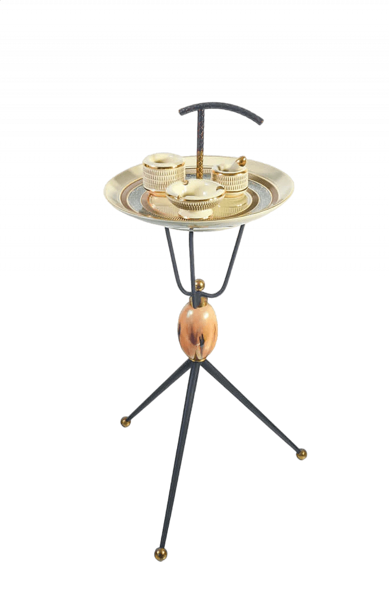 Ceramic and metal smoking accessories on tripod coffee table, 1960s 11