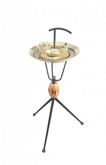 Ceramic and metal smoking accessories on tripod coffee table, 1960s