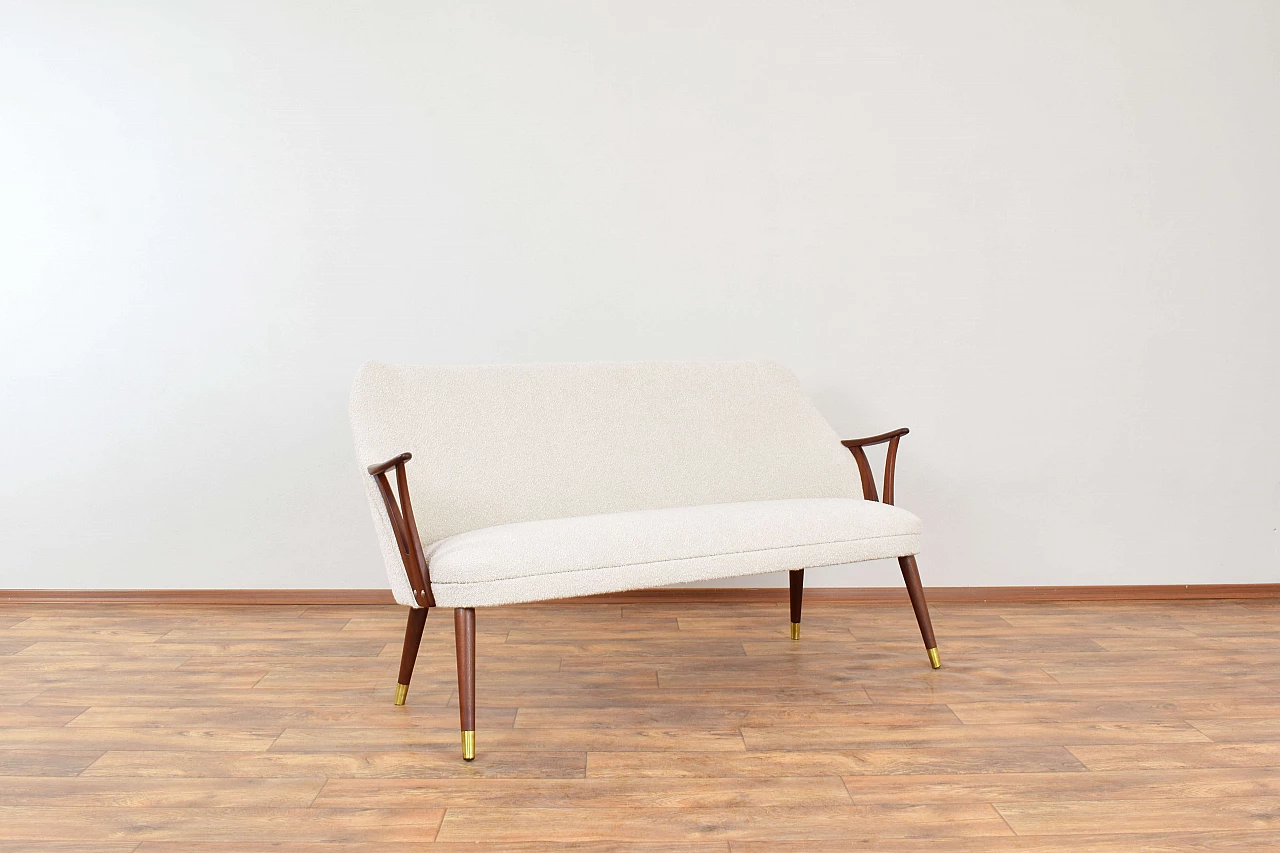 Norwegian teak, brass and beige bouclé fabric sofa, 1960s 1