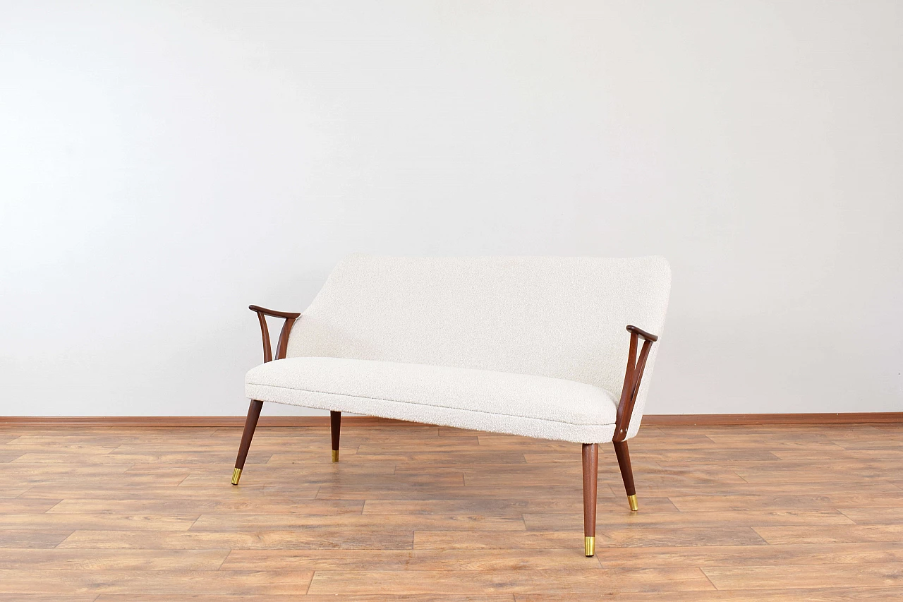 Norwegian teak, brass and beige bouclé fabric sofa, 1960s 2