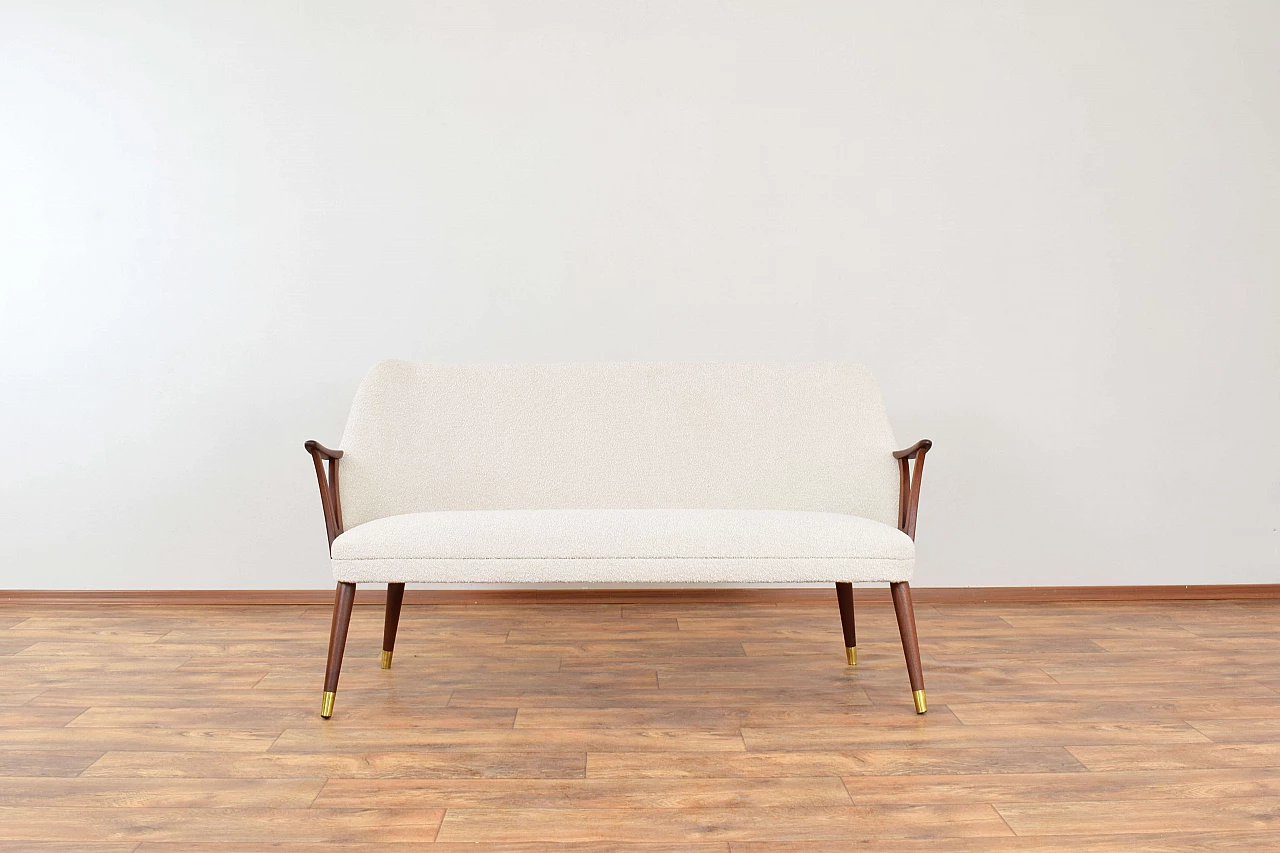 Norwegian teak, brass and beige bouclé fabric sofa, 1960s 3