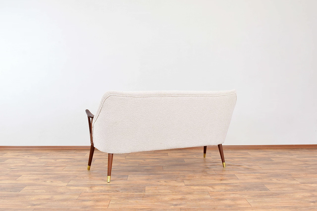 Norwegian teak, brass and beige bouclé fabric sofa, 1960s 6