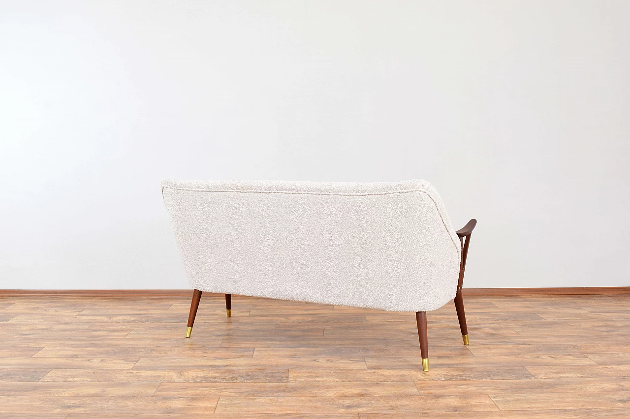 Norwegian teak, brass and beige bouclé fabric sofa, 1960s 7