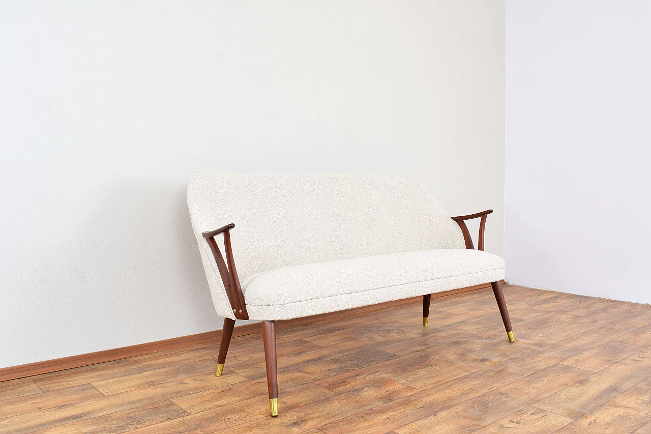 Norwegian teak, brass and beige bouclé fabric sofa, 1960s 8