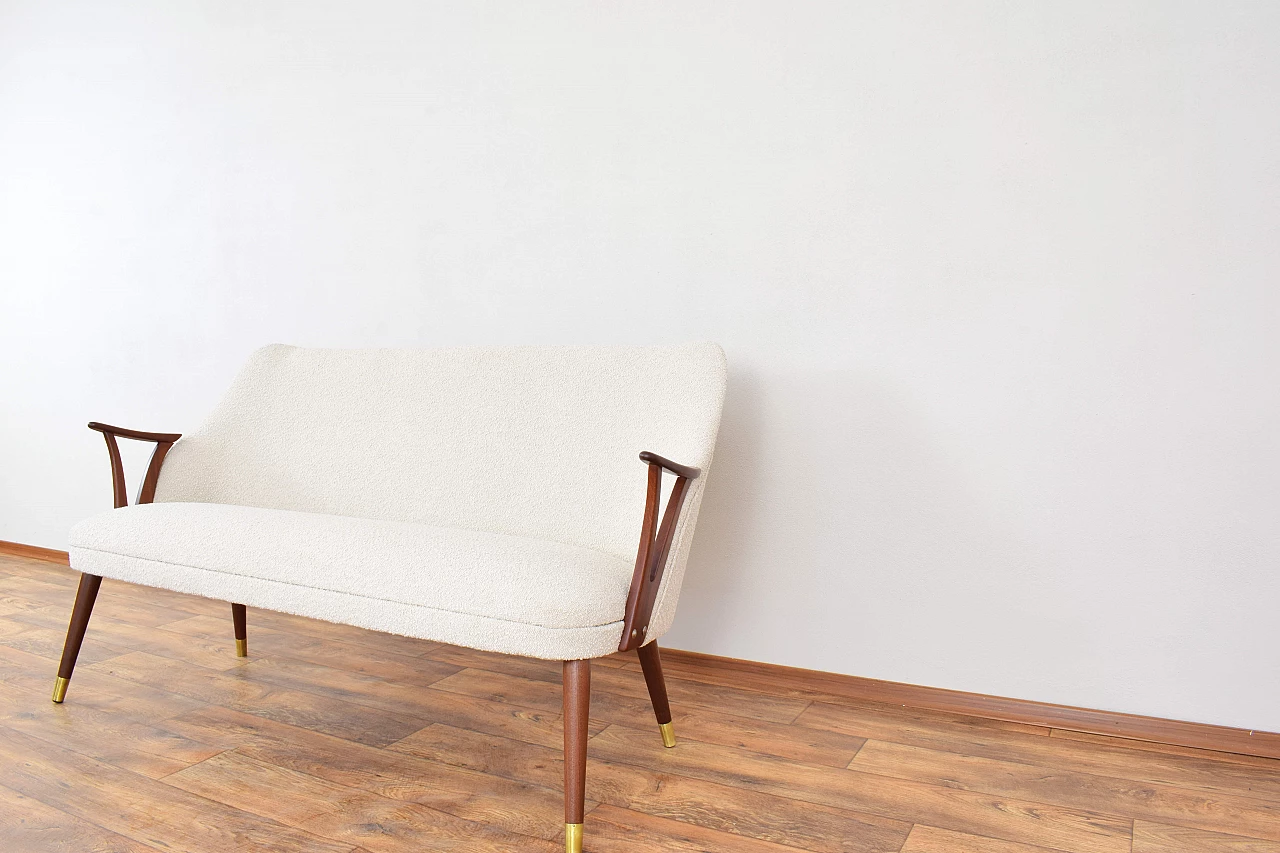 Norwegian teak, brass and beige bouclé fabric sofa, 1960s 9