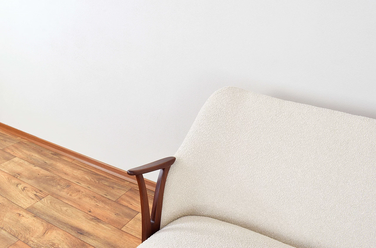 Norwegian teak, brass and beige bouclé fabric sofa, 1960s 10