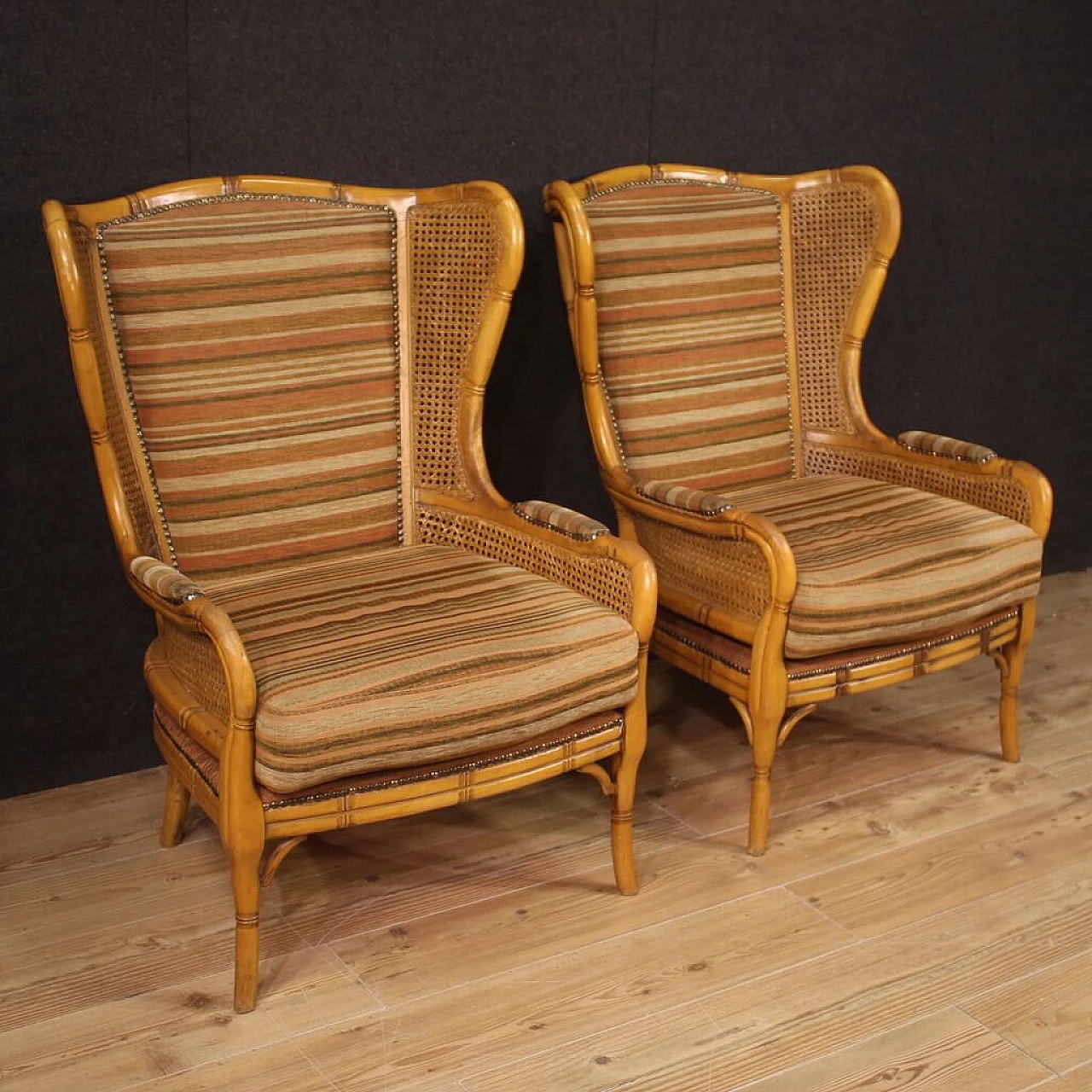 Pair of faux bamboo wood, Vienna straw and fabric armchairs, 1970s 1