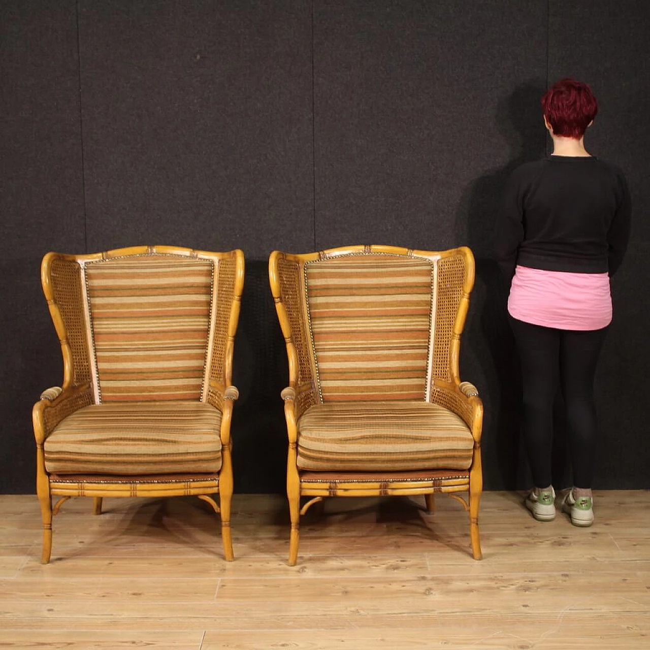 Pair of faux bamboo wood, Vienna straw and fabric armchairs, 1970s 2