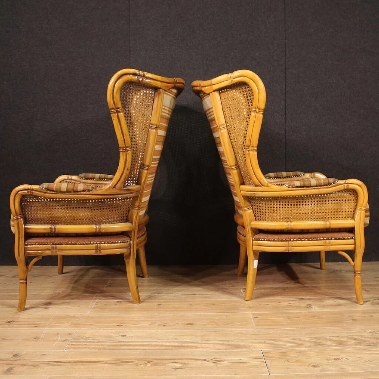 Pair of faux bamboo wood, Vienna straw and fabric armchairs, 1970s 3