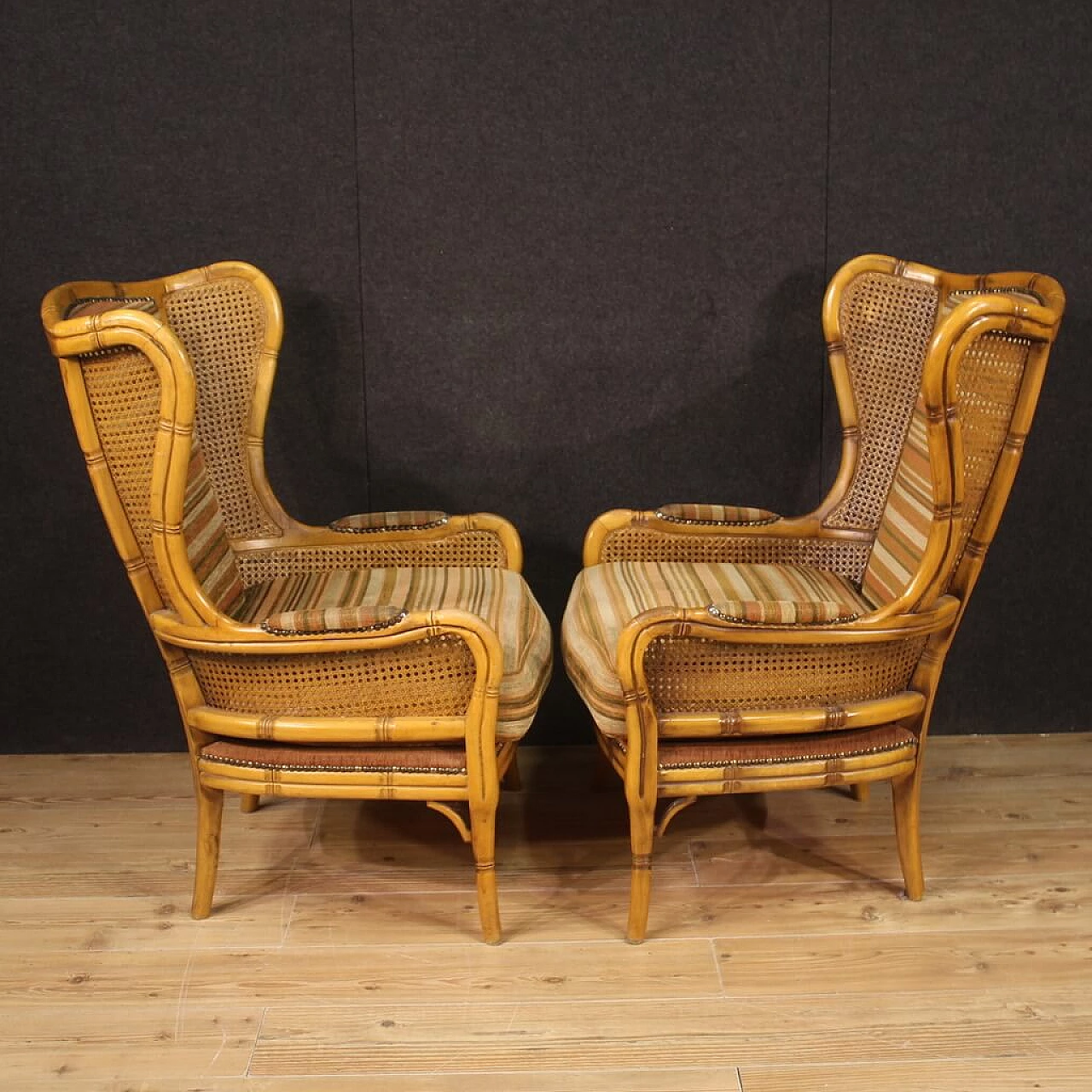 Pair of faux bamboo wood, Vienna straw and fabric armchairs, 1970s 4