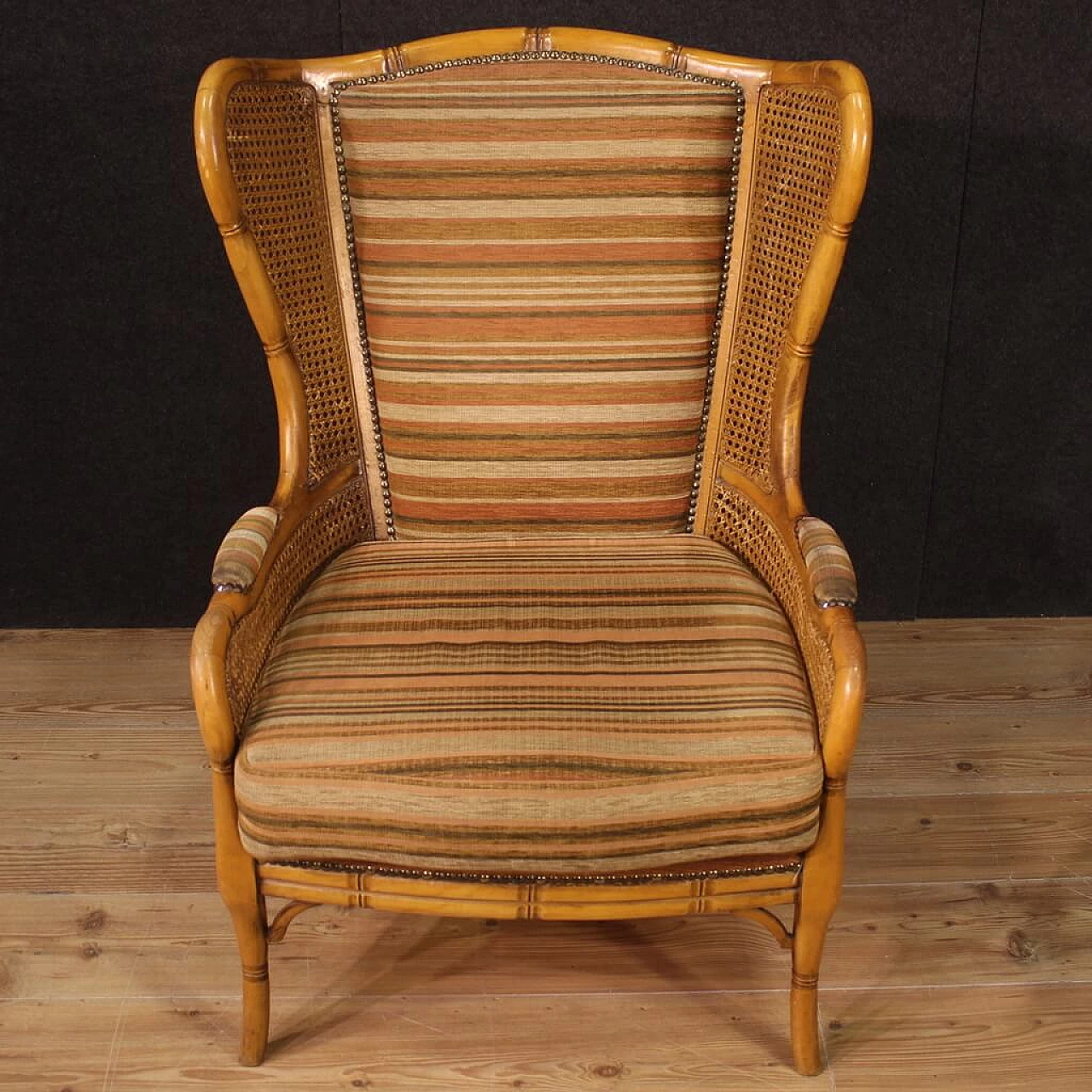 Pair of faux bamboo wood, Vienna straw and fabric armchairs, 1970s 5