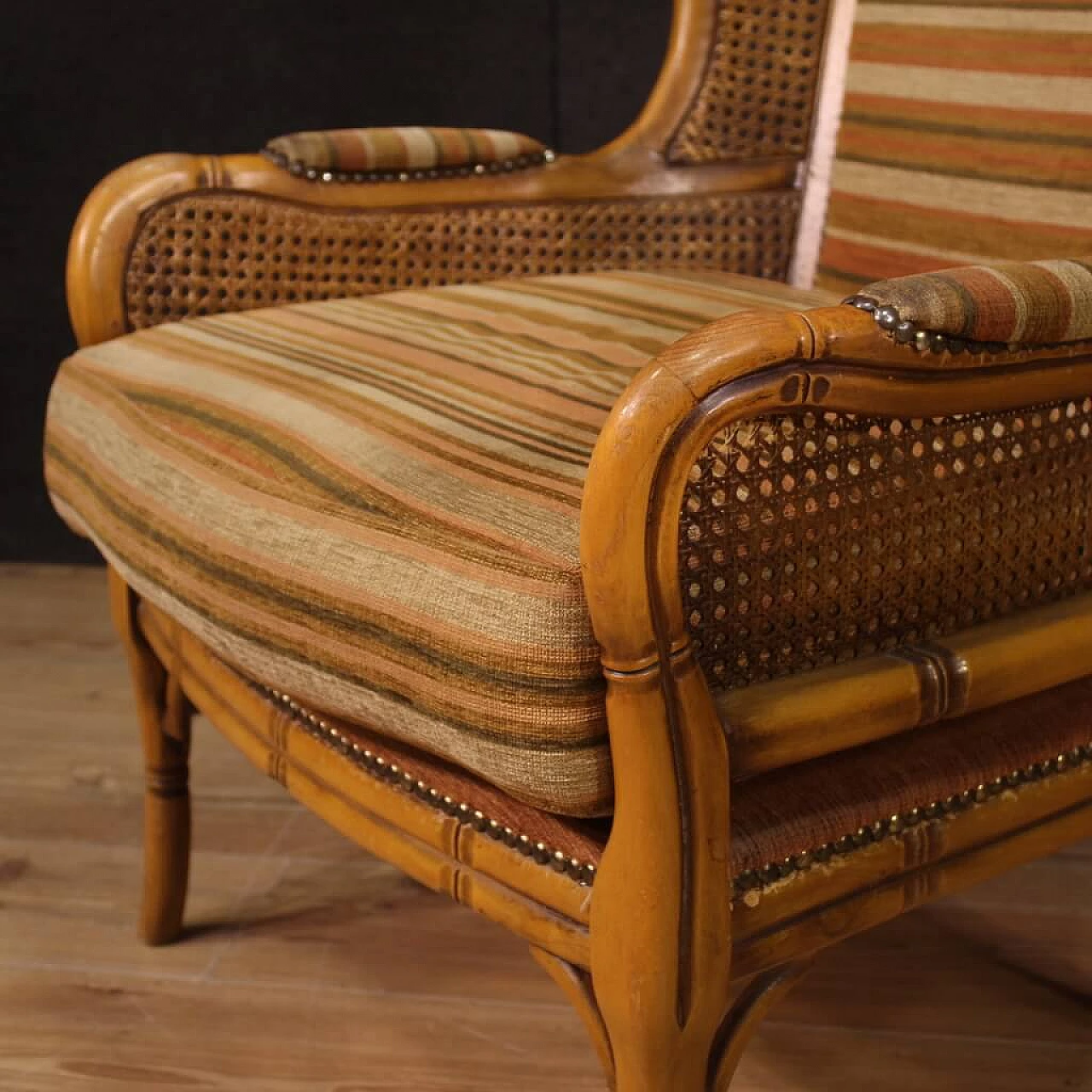 Pair of faux bamboo wood, Vienna straw and fabric armchairs, 1970s 7