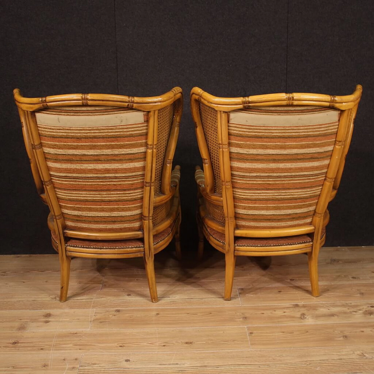 Pair of faux bamboo wood, Vienna straw and fabric armchairs, 1970s 8