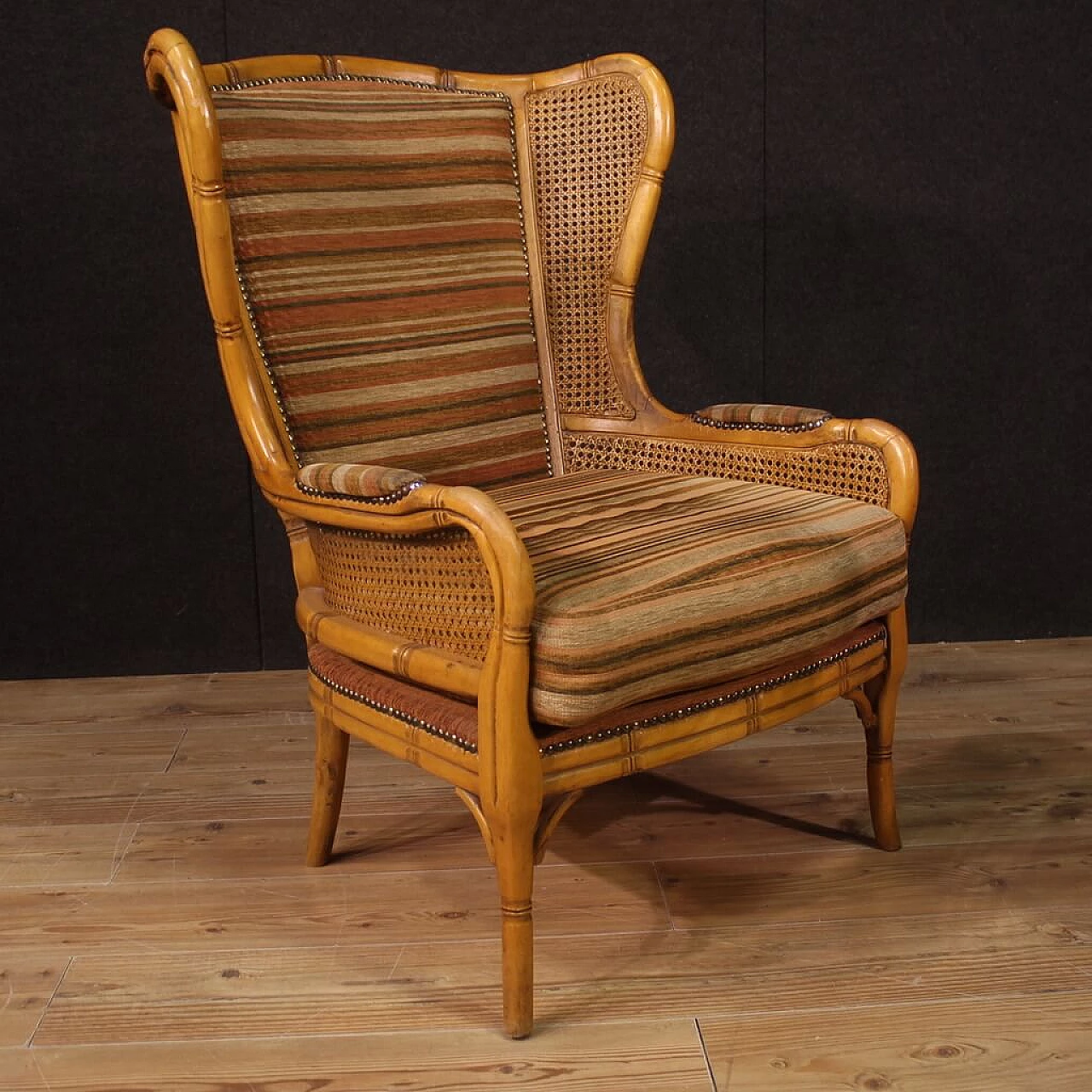 Pair of faux bamboo wood, Vienna straw and fabric armchairs, 1970s 10
