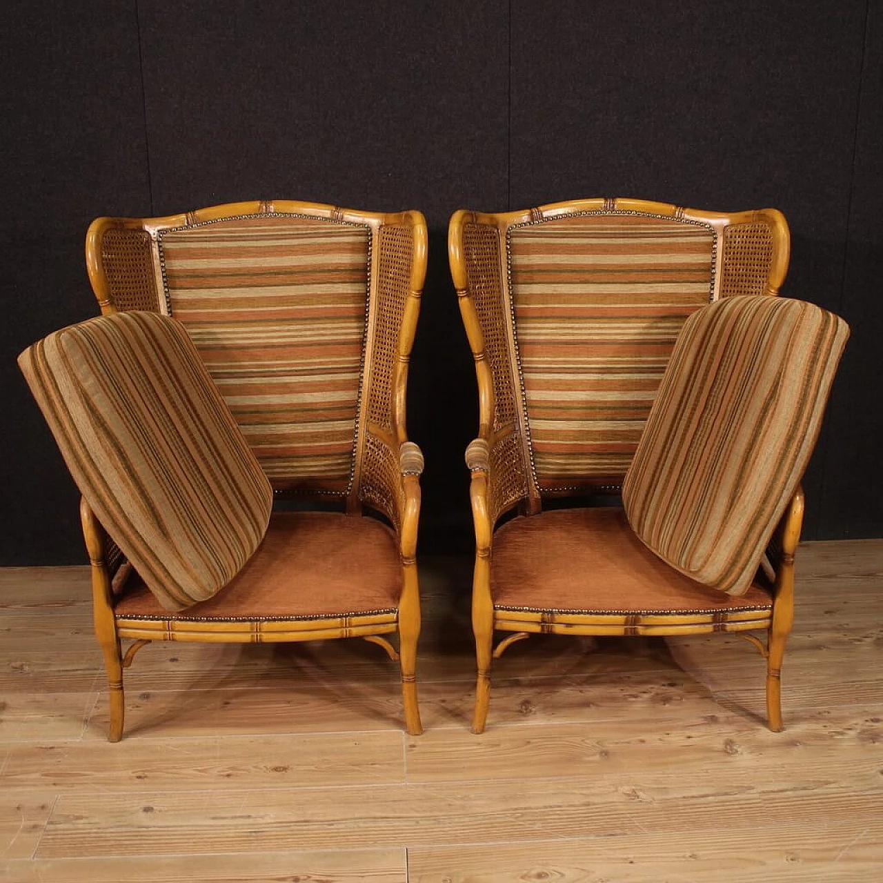 Pair of faux bamboo wood, Vienna straw and fabric armchairs, 1970s 12