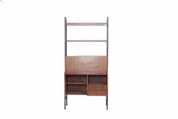 Wood and iron bookcase with flap cabinet and compartments, 1950s
