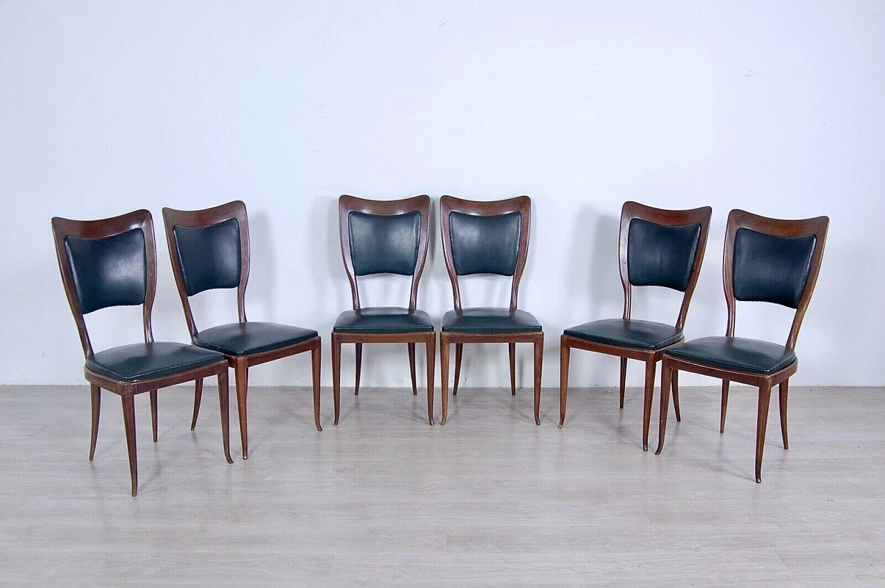6 Chairs in wood and dark green skai attributed to Guglielmo Ulrich, 1950s 1