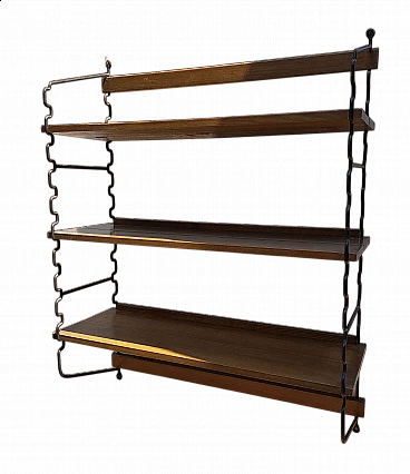 Wall bookcase with iron frame and oak shelves, 1960s