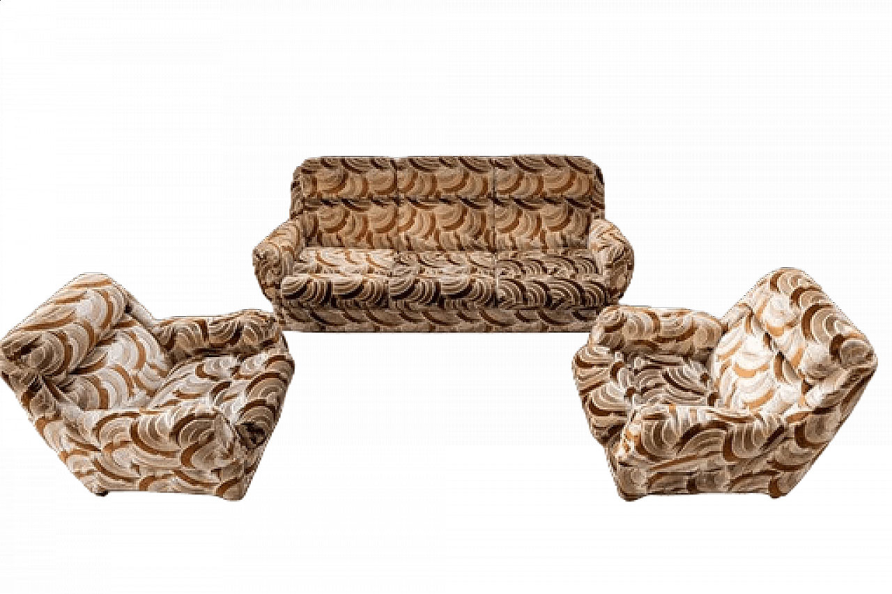 Divano-letto a tre posti e coppia di poltrone in ciniglia, anni '70 21