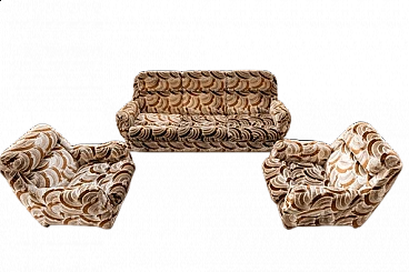 Divano-letto a tre posti e coppia di poltrone in ciniglia, anni '70