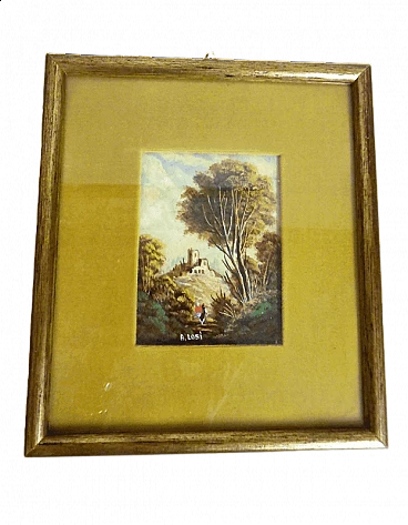 A. Losi, paesaggio con figura, dipinto in miniatura, fine '800