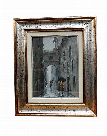 Onelio Romanello, scorcio urbano con pioggia, dipinto a olio su tela