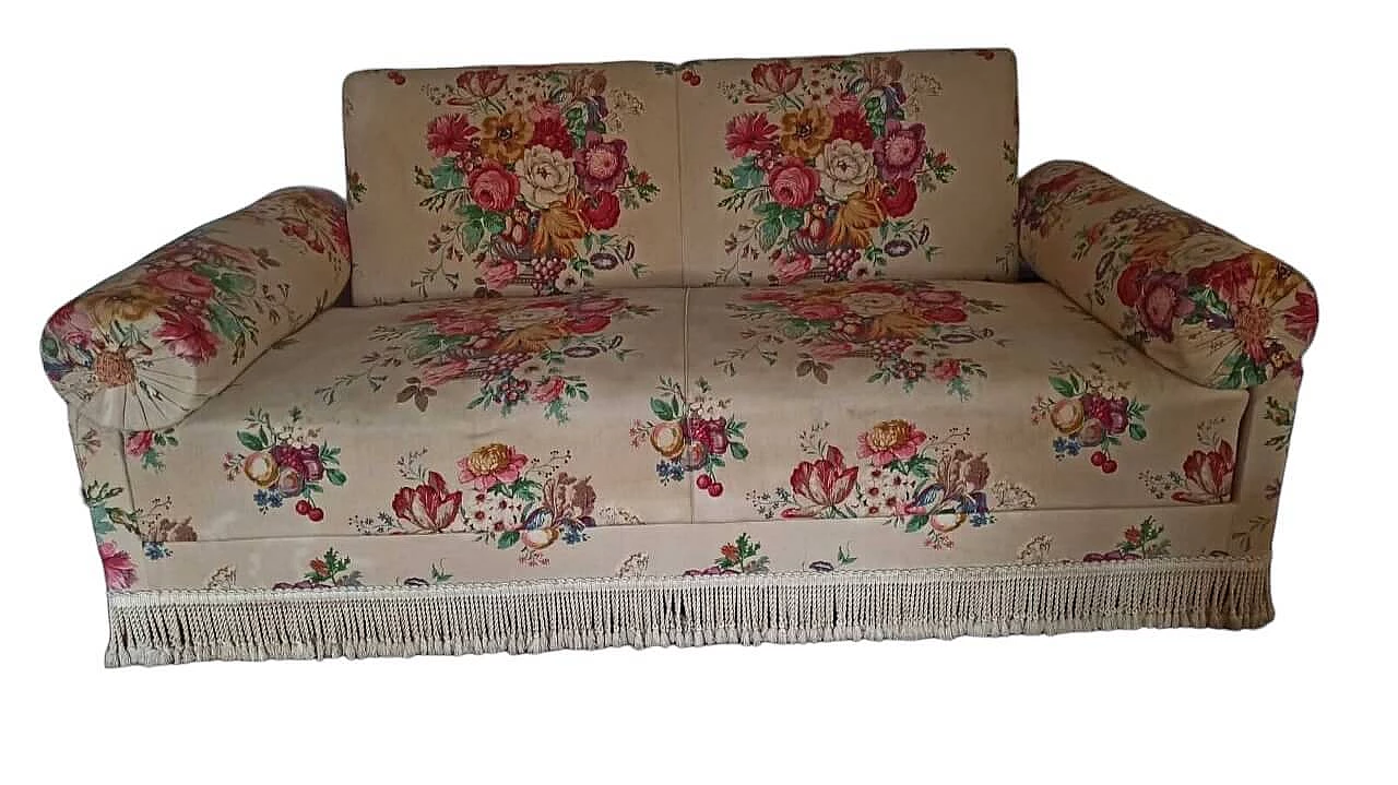 Two-seater floral fabric sofa with tassels, 1950s 8