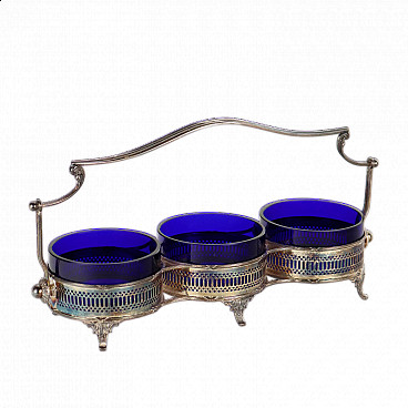 English silver and blue glass sauce holder