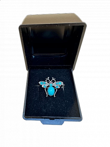 Spilla a farfalla in argento con turchesi e rubini, inizio '900