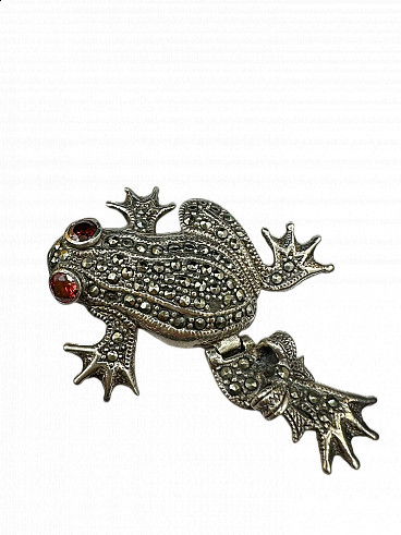 Silver frog brooch with rhinestones and rubies, early 20th century