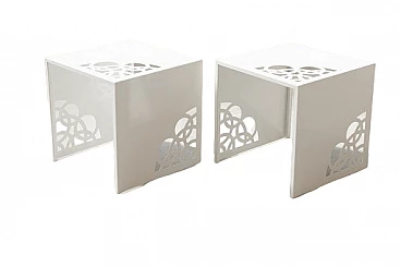 Pair of white lacquered iron coffee tables with laser etchings
