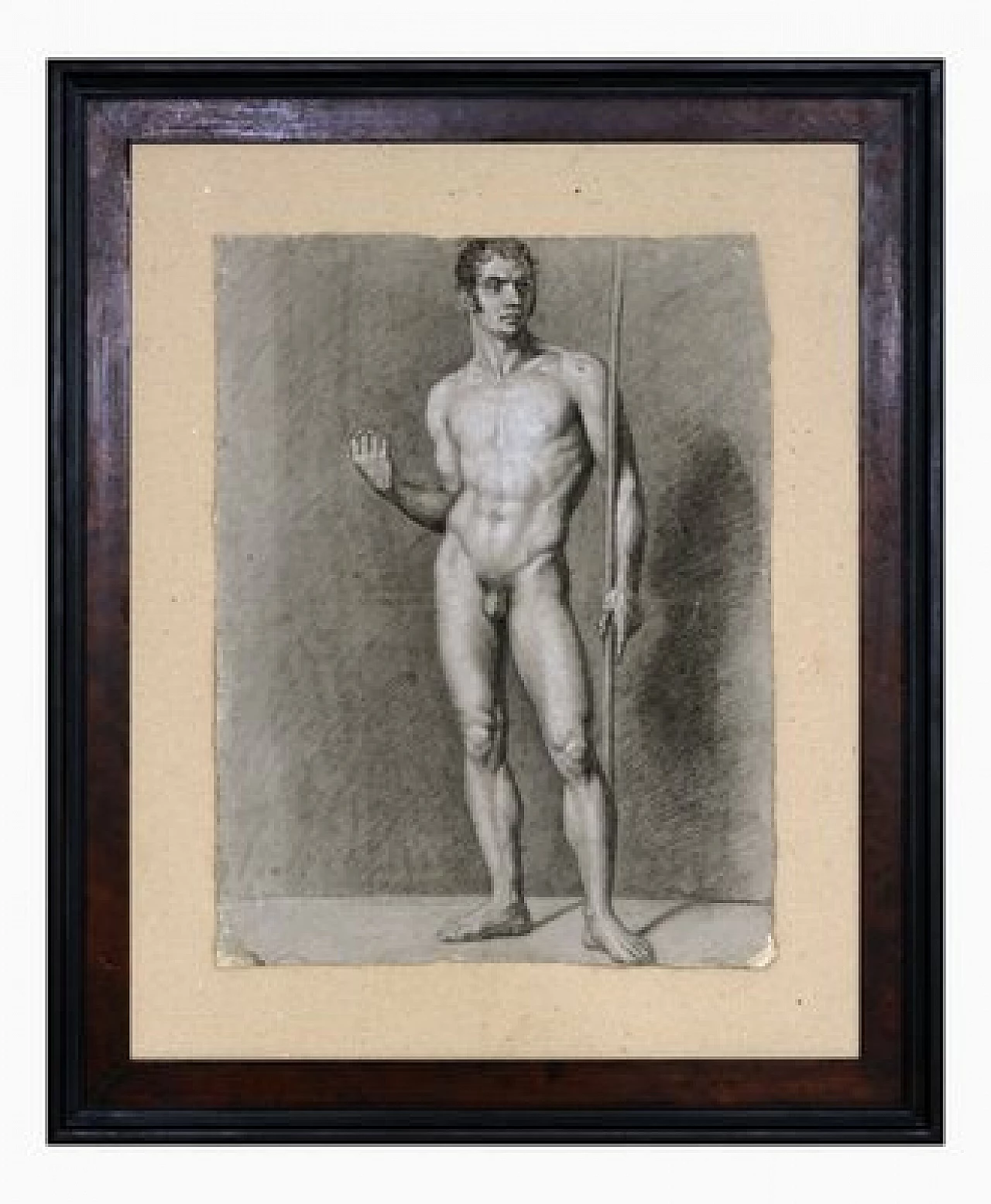Studio di nudo maschile, carboncino e matita su carta con cornice, inizio '800 1
