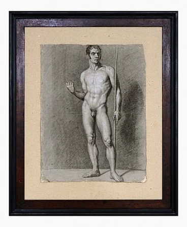Studio di nudo maschile, carboncino e matita su carta con cornice, inizio '800