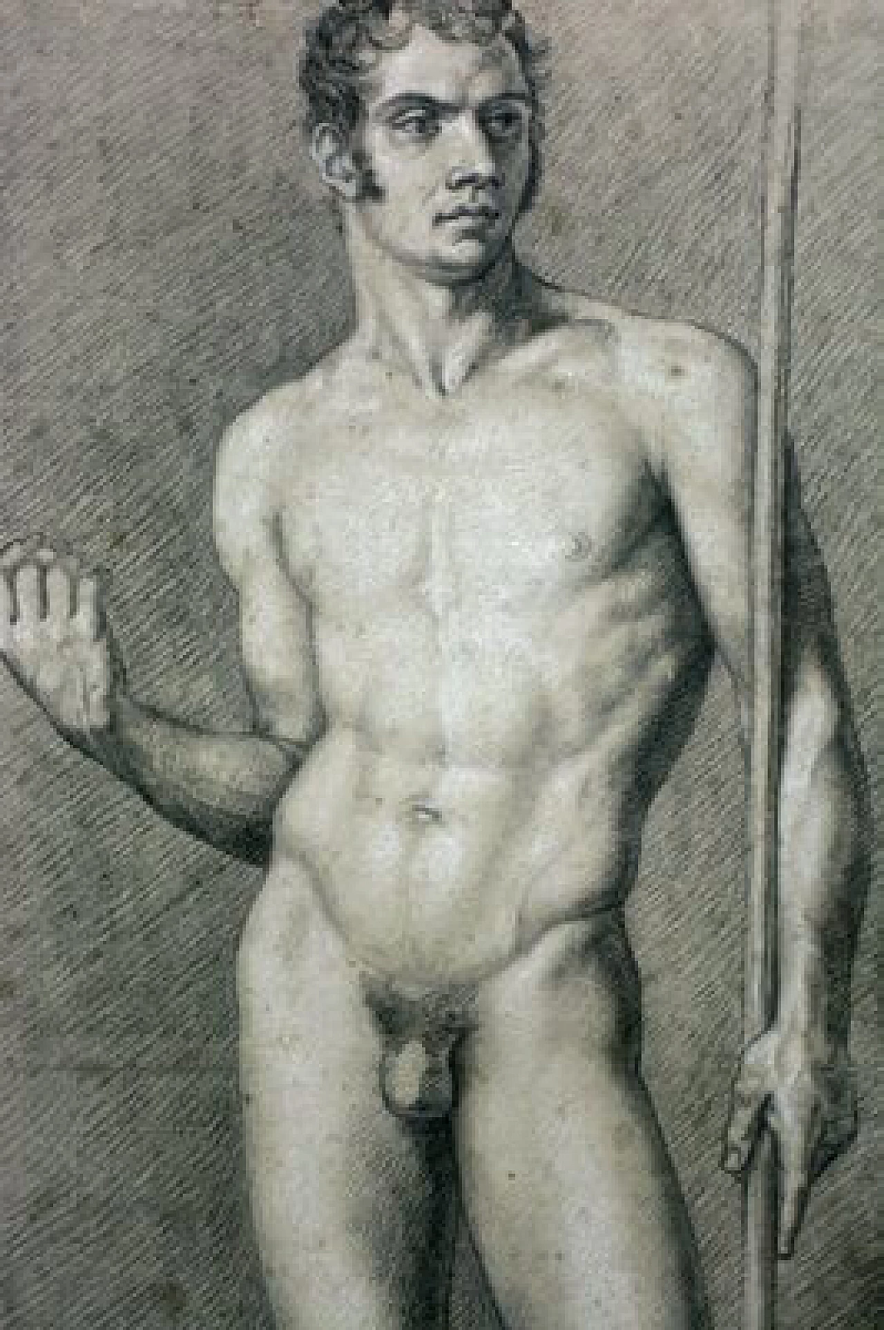 Study of a male nude, charcoal and pencil on paper with frame, early 19th century 2