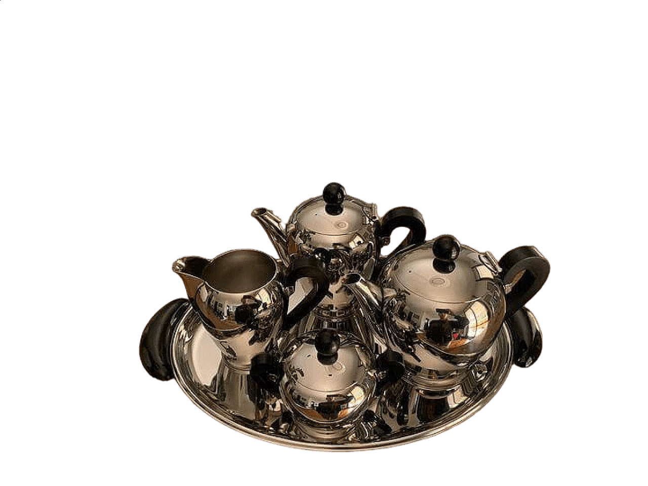 Bombè coffee pot, teapot, milk jug, sugar bowl and oval tray by Carlo Alessi for Afra Alessi, 1940s 6