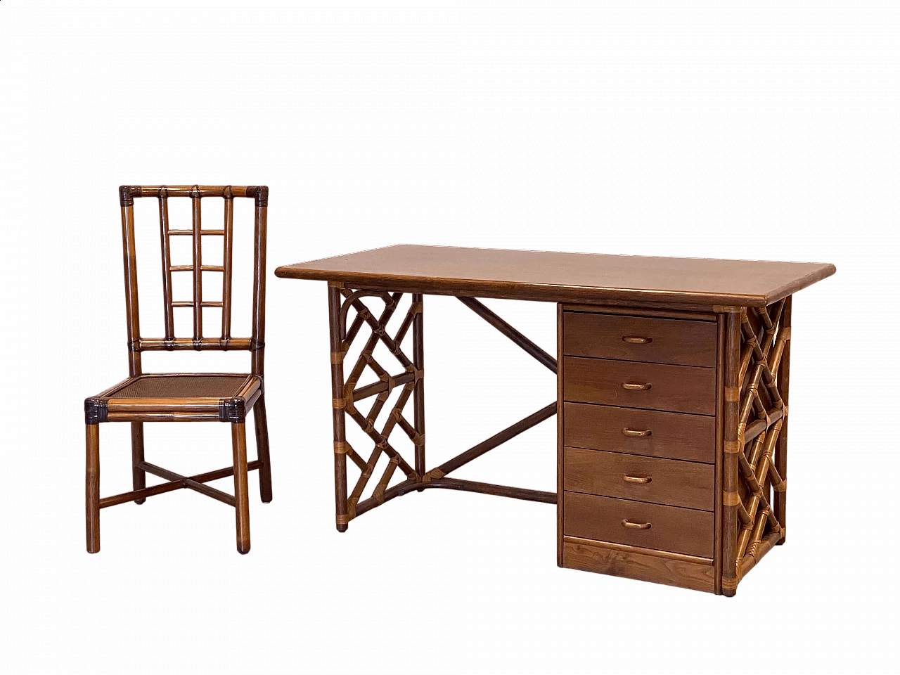 Scrivania e sedia in teak, bambù e cuoio, anni '70 19