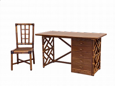 Scrivania e sedia in teak, bambù e cuoio, anni '70