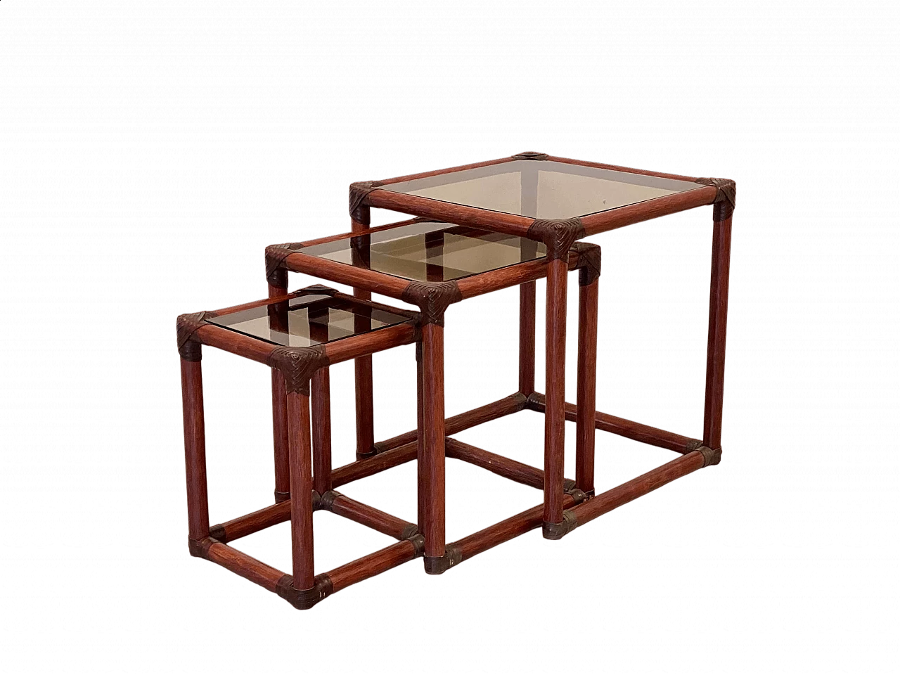 3 Nest tables in bamboo, leather and smoked glass, 1970s 10