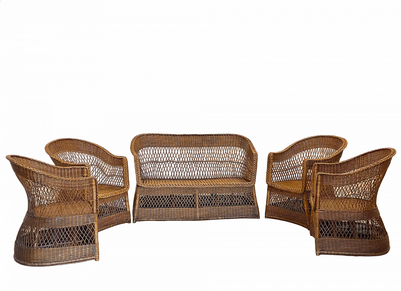4 Poltrone e divano in vimini e bambù, anni '70 19