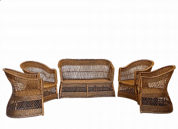4 Armchairs and sofa in wicker and bamboo, 1970s