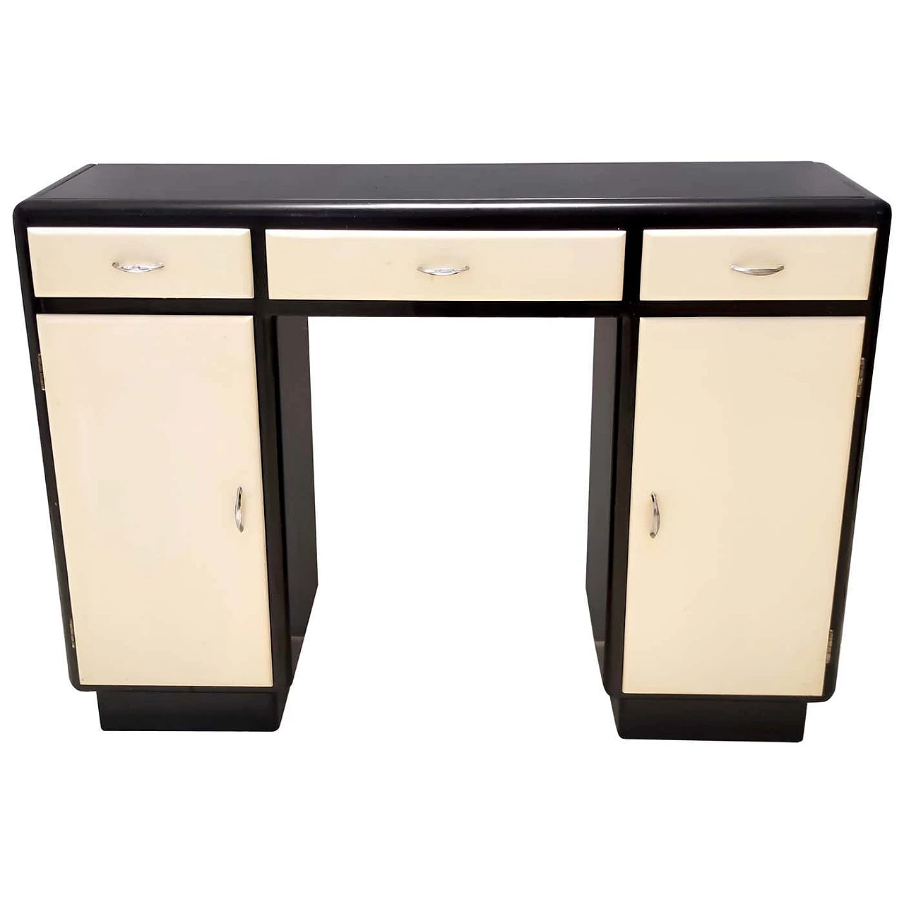 Lacquered beech console table with black opaline glass top and nickel-plated brass handles, 1940s 1
