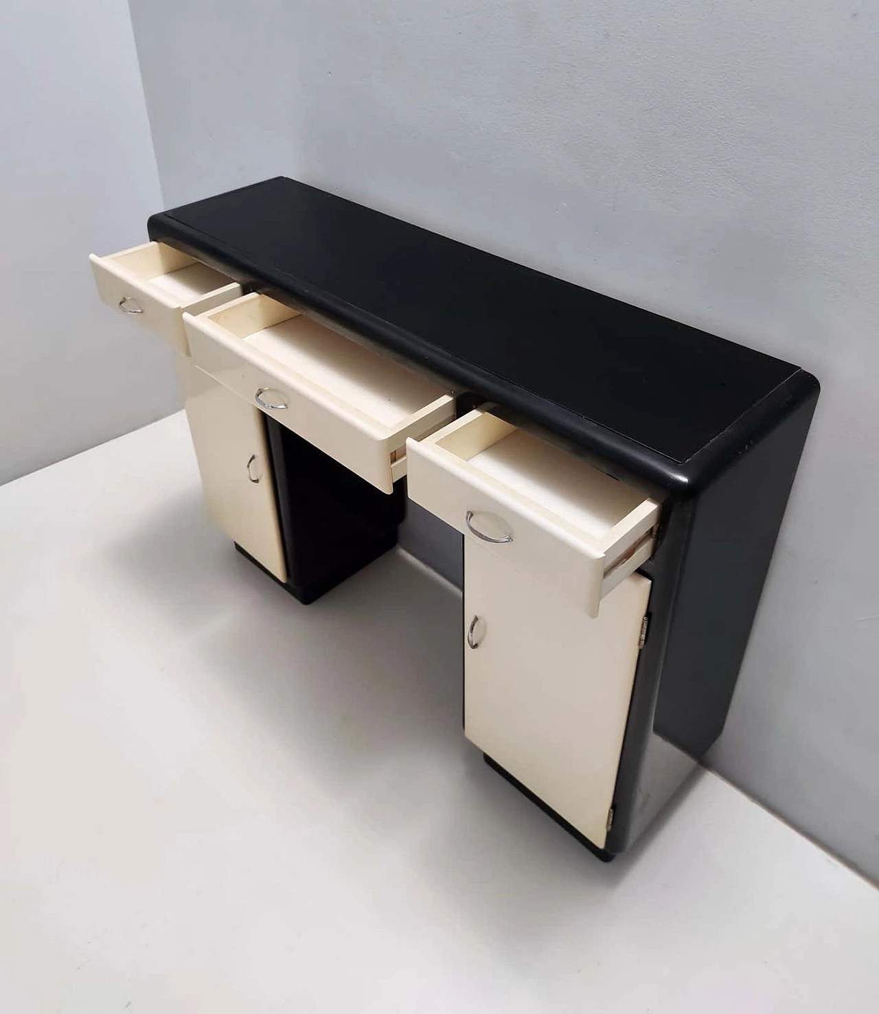 Lacquered beech console table with black opaline glass top and nickel-plated brass handles, 1940s 2